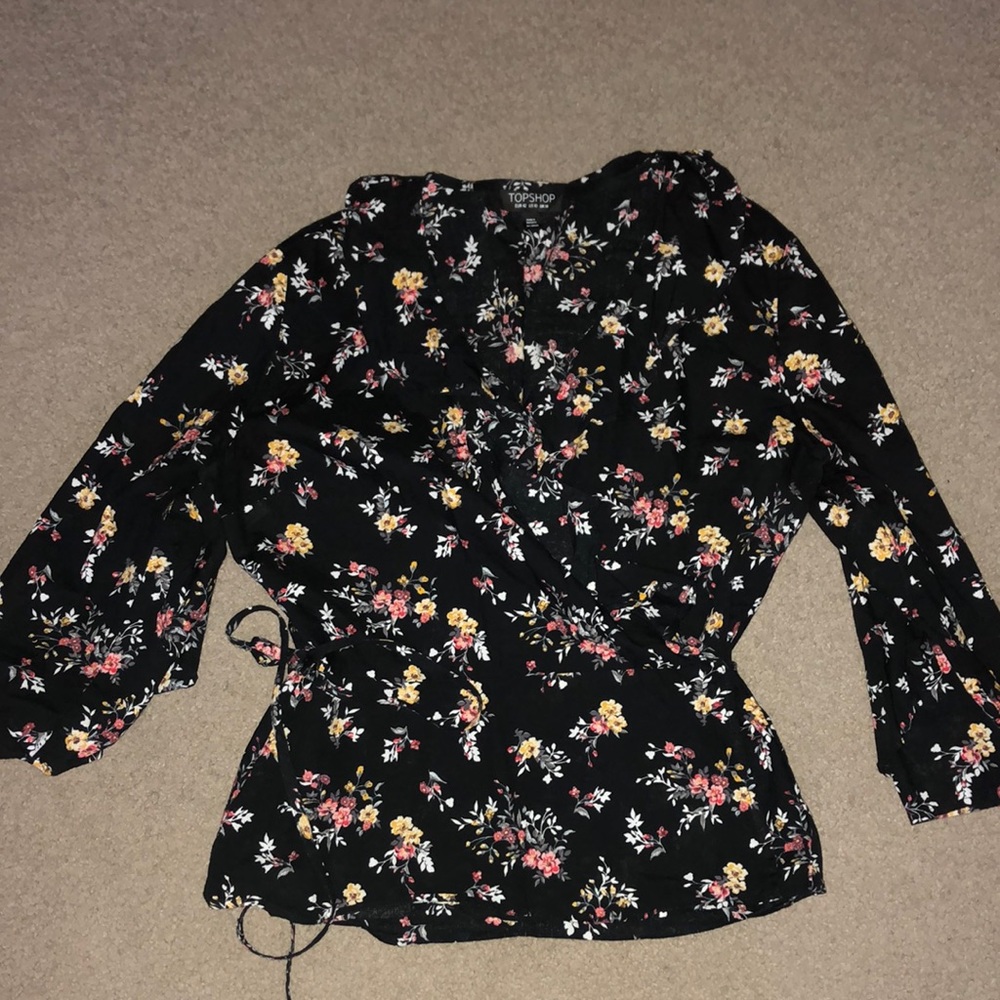 floral black tie wrap shirt